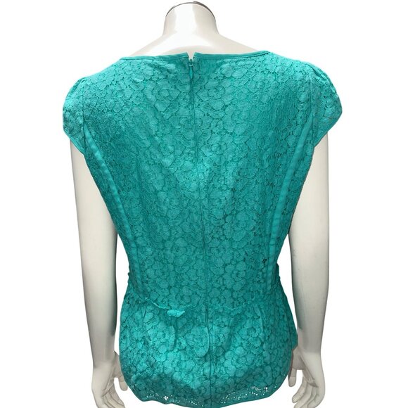 Ann Taylor Size 4 Turquoise Lace Peplum Blouse Chic Romantic Fit Floral Overlay - Picture 5 of 13
